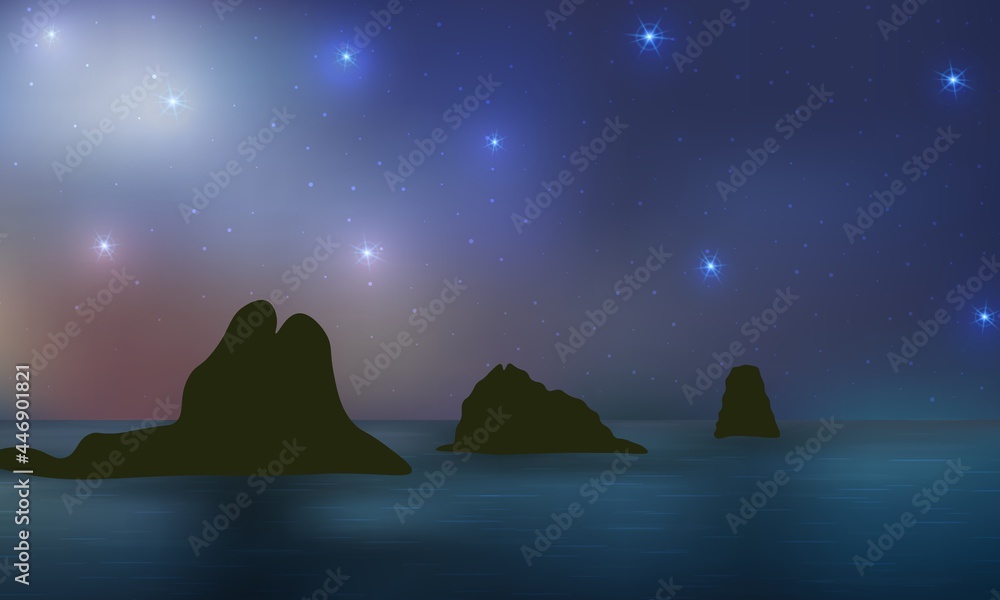 Starry night over ocean, rocks, reflections in water. Beautiful twilight, fantasy outdoor. Starry night over ocean, rocks, reflections in water. Beautiful twilight, fantasy outdoor.