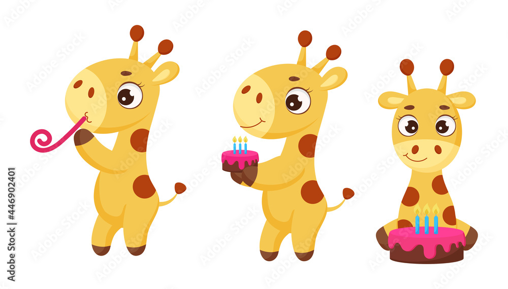 Set of cute little giraffe celebration with cake. Funny cartoon character for print, cards, baby shower, invitation, wallpapers, decor. Bright colored childish stock vector illustration