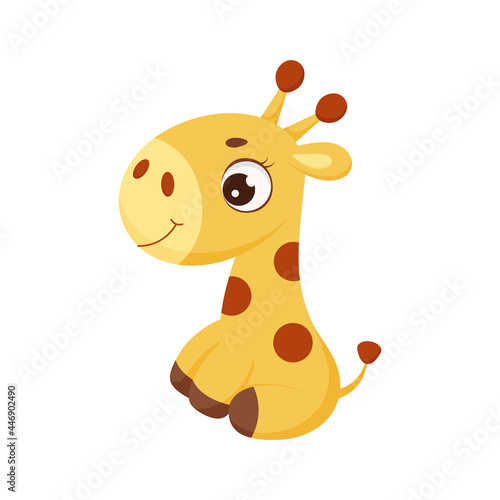 Cute little sitting giraffe. Funny cartoon character for print  greeting cards  baby shower  invitation  wallpapers  home decor. Bright colored childish stock vector illustration.