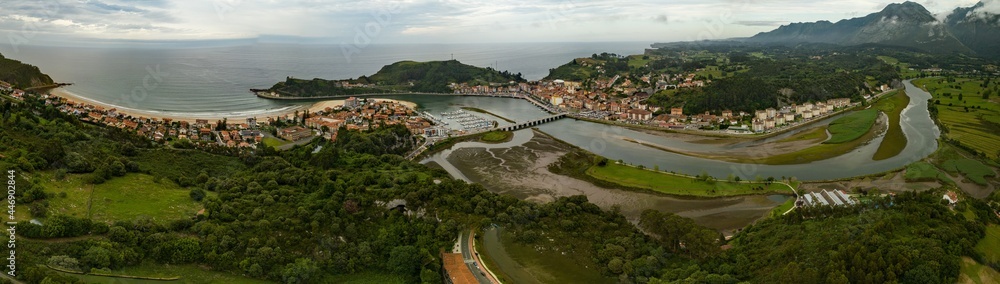 aerial view of the incredible town of ribadesella, asturias. Spain