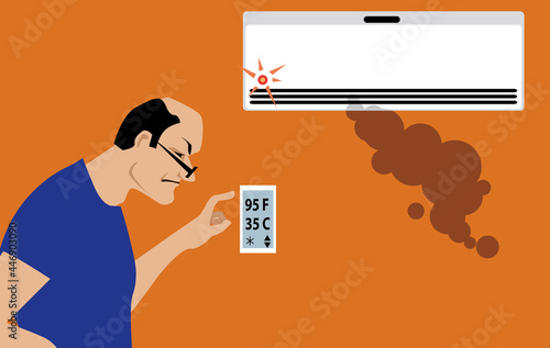 Upset man looking at home thermostat showing high degrees under a broken air conditioner, EPS 8 vector illustration 