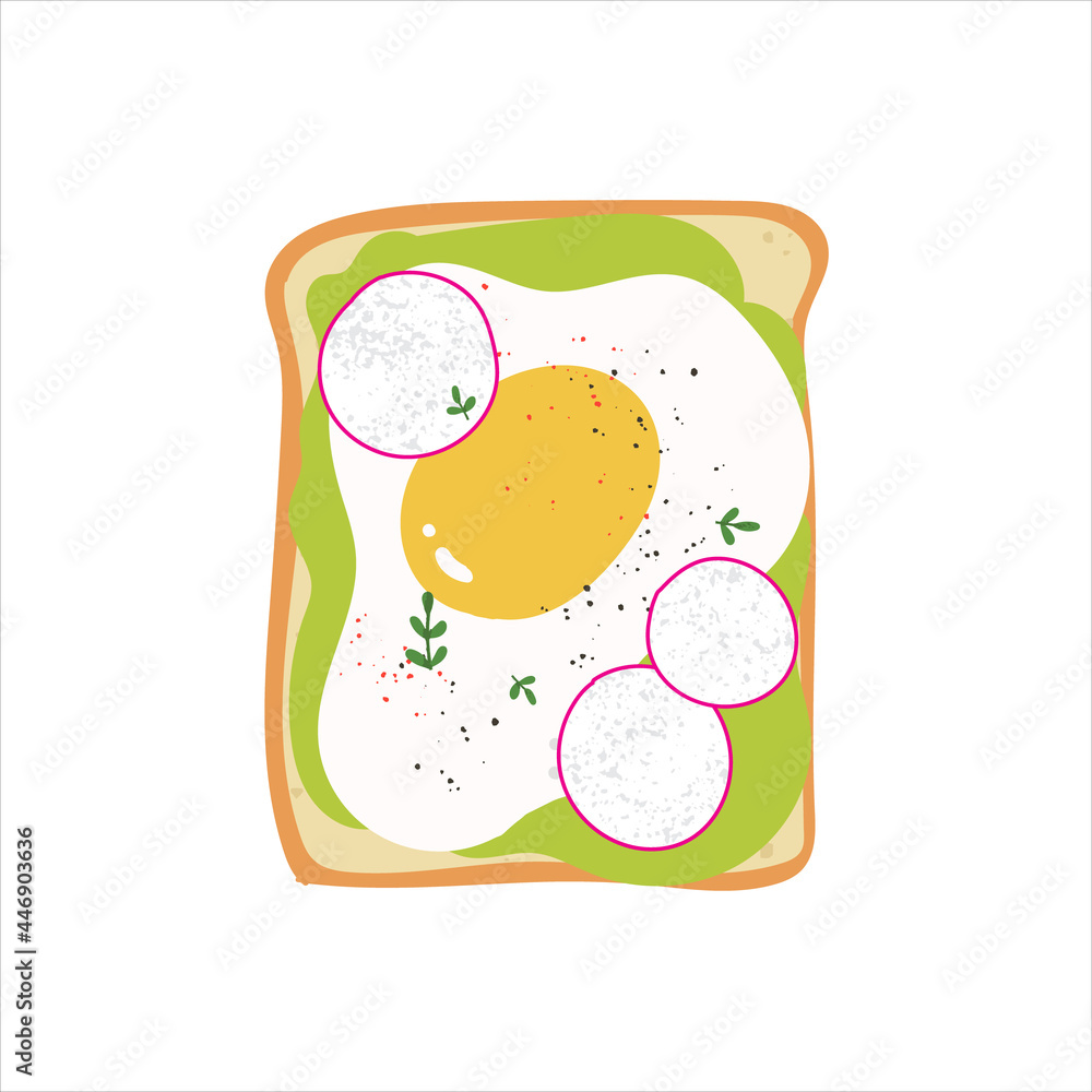 Avocado toast with egg. Cute vegetarian healthy breakfast. Flat hand drawn yummy sandwich with vegetables and egg with seasoning. Avocado toast with egg. Cute vegetarian healthy breakfast. Flat hand drawn yummy sandwich with vegetables and egg with seasoning.