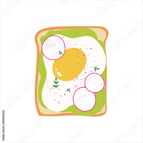 Avocado toast with egg. Cute vegetarian healthy breakfast. Flat hand drawn yummy sandwich with vegetables and egg with seasoning.
