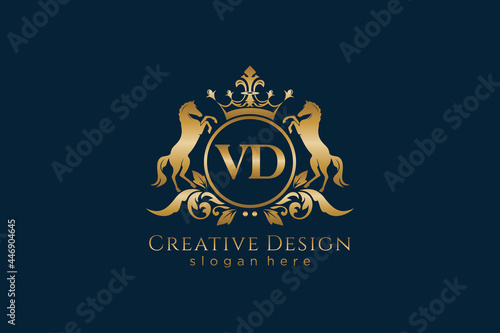 initial VD Retro golden crest with circle and two horses, badge template with scrolls and royal crown - perfect for luxurious branding projects photo