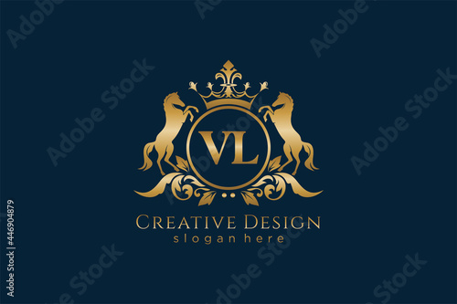 initial VL Retro golden crest with circle and two horses, badge template with scrolls and royal crown - perfect for luxurious branding projects photo