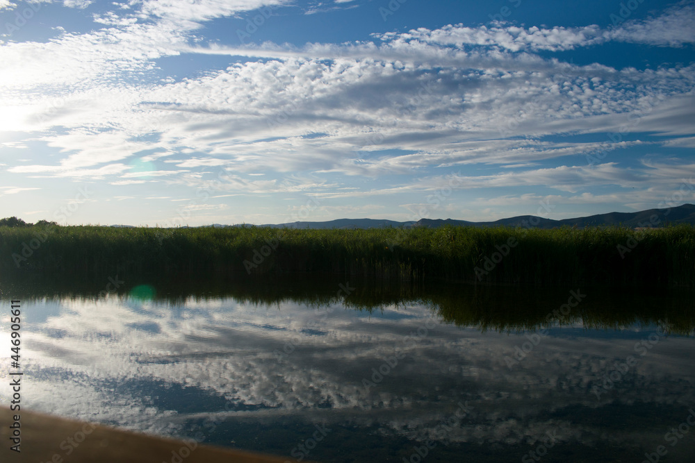 Paisaje de laguna con reflejos en verano.	