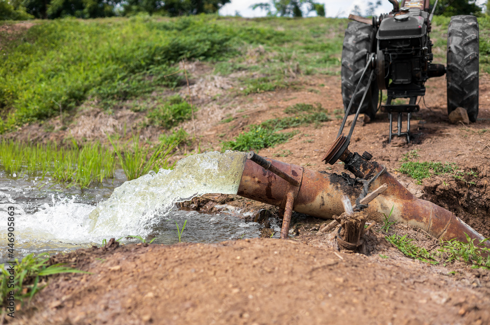 Water rushes from steel pipes into green rice fields and agricultural vehicles. Water rushes from steel pipes into green rice fields and agricultural vehicles.
