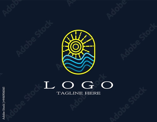 Minimal luxury logo with waves sea or ocean and sun. Retro and vintage design concept with blue, yellow. Logo with lines and strokes art. Suitable for travel, resort, hotel, park, beach.
