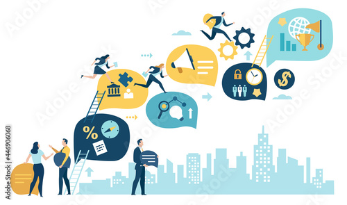 Business career. The analogy of career growth. Illustration of a team running up through business icons. Vector business illustration.
