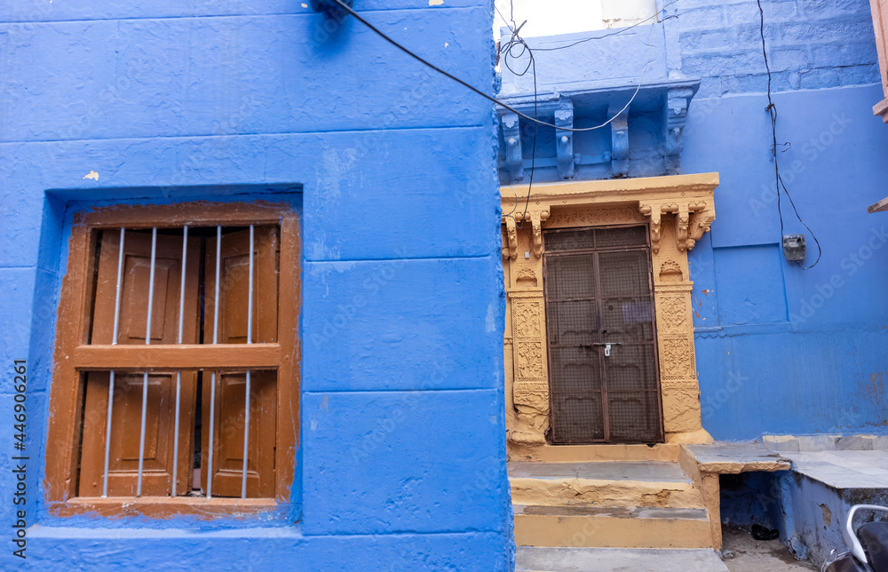The bright blue color street and houses of the blue city in navchokiya of Jodhpur, Rajasthan. The bright blue color street and houses of the blue city in navchokiya of Jodhpur, Rajasthan.