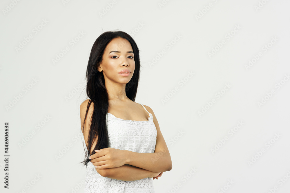 pretty woman in white t-shirt black long hair cosmetics pretty woman in white t-shirt black long hair cosmetics