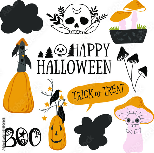 Vector set on the theme of Halloween with a bat, a pumpkin, a skeleton, a beetle, a deer, a raven, Mushroom.