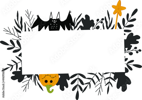 Halloween vector frame with bat and pumpkin.