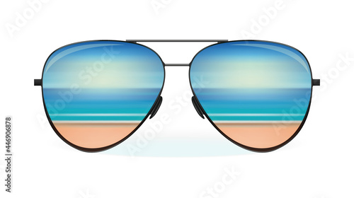 Sea and the beach are reflected in sunglasses. Summer design. Vector illustration isolated on white