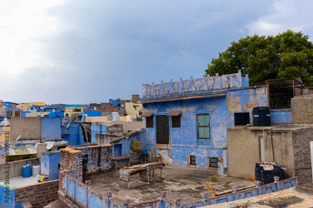 The bright blue color street and houses of the blue city in navchokiya of Jodhpur, Rajasthan. The bright blue color street and houses of the blue city in navchokiya of Jodhpur, Rajasthan.