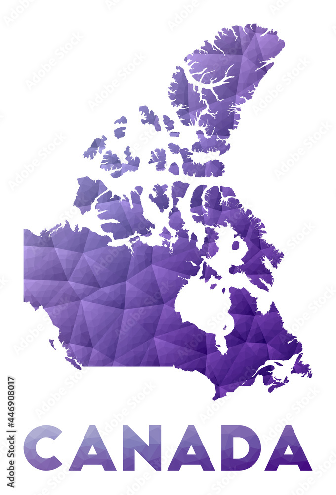 Map of Canada. Low poly illustration of the country. Purple geometric design. Polygonal vector illustration.