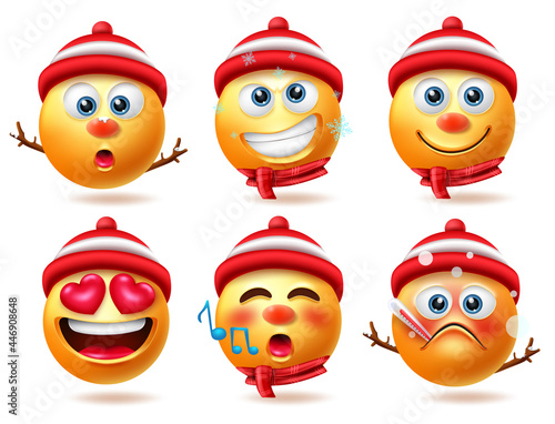 Snowman smiley christmas characters vector set. Snow man smileys 3d character in sick, inlove and singing facial expressions for winter xmas emoji collection design. Vector illustration  
