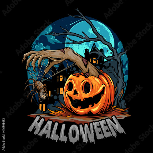halloween with pumpkin giving out zombie hands with scary spider