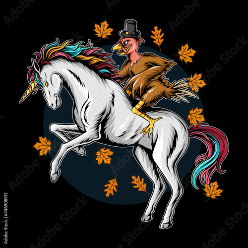 turkey on thanksgiving day riding a unicorn running fast