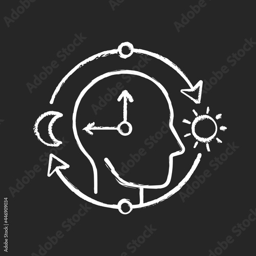 Circadian rhythms chalk white icon on dark background. Internal daily clock. Optimize cognitive function for daytime. Sleep wake cycle regulation. Isolated vector chalkboard illustration on black