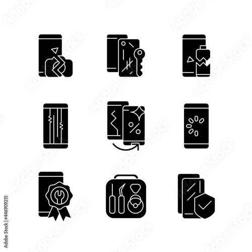 Phone repair black glyph icons set on white space. Device problem and recovery. Network connection and loading issue. Camera and battery breakage. Silhouette symbols. Vector isolated illustration