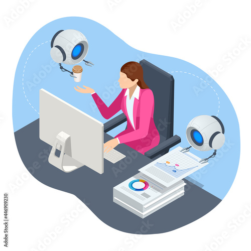 Isometric robot analyzes the database. Artificial intelligence working for big data analysis. Data analysis artificial intelligence ai with robots