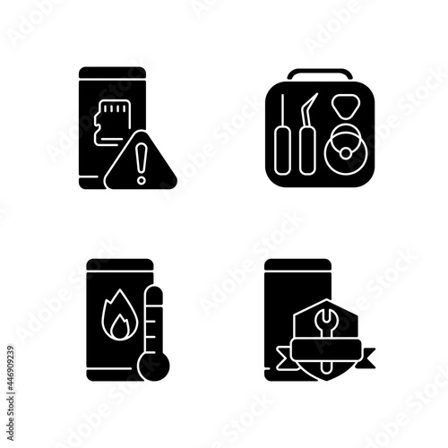 Cellphone recovery related black glyph icons set on white space. Device fixing service. Phone common problems. Memory card issue. Overheated phone. Silhouette symbols. Vector isolated illustration