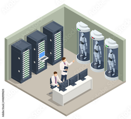 Isometric artificial intelligence in robots. Technology and engineering. automatiaon robots working in server room.