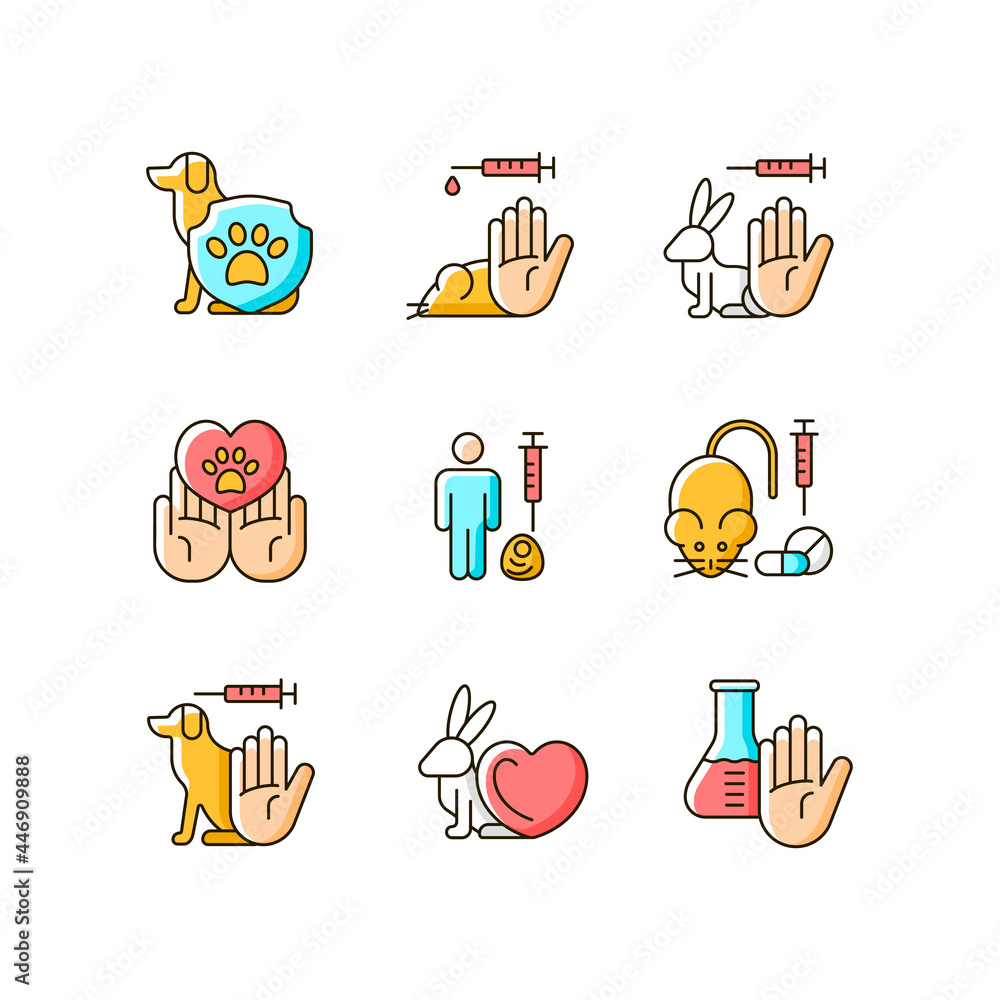 Stop animal testing RGB color icons set. Pet protection and welfare. Vegan cosmetic brand label. Cruelty free mark. Isolated vector illustrations. Simple filled line drawings collection Stop animal testing RGB color icons set. Pet protection and welfare. Vegan cosmetic brand label. Cruelty free mark. Isolated vector illustrations. Simple filled line drawings collection