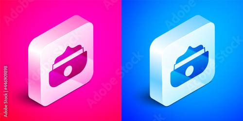 Isometric Gel or wax for hair styling icon isolated on pink and blue background. Hair cosmetic. Jar with product for styling hair and mustache. Silver square button. Vector