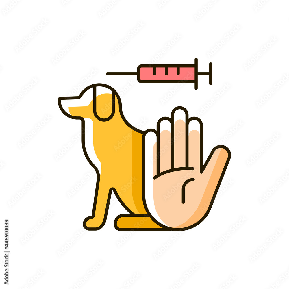 No dog testing RGB color icon. Stop experiments on animal. Avoid chemical research on pet. Protection for dogs from clinical trials. Isolated vector illustration. Simple filled line drawing