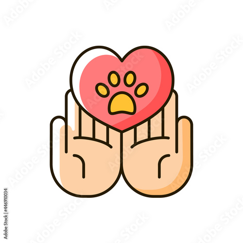 Animal friendly RGB color icon. Veterinary care for dogs and cats. Pet health and protection. Cruelty free label. Animal welfare. Isolated vector illustration. Simple filled line drawing