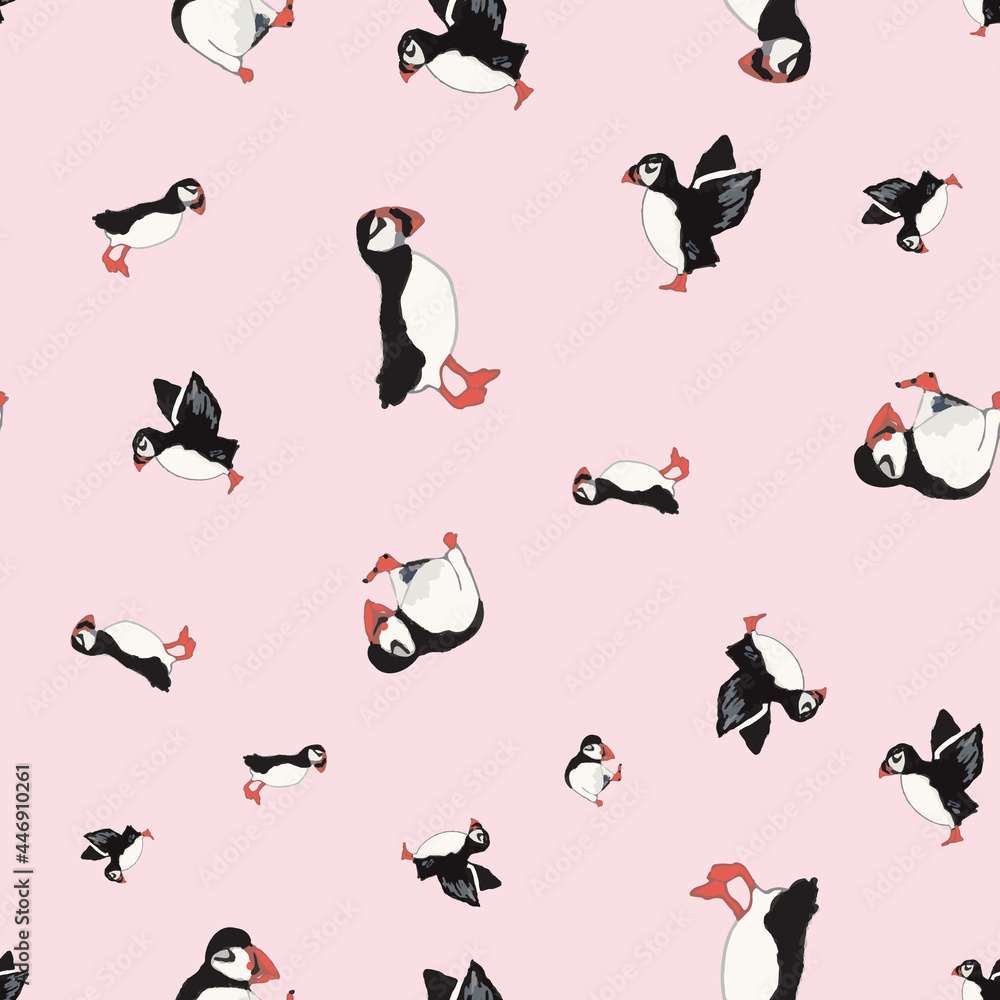 Vector pink background ocean seabird, arctic birds, puffins. Seamless pattern background