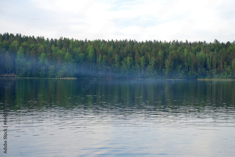 Smoke over the calm surface of the water. A forest lake on the opposite shore is a green forest, above the water surface, gray smoke from a fire stretches in layers.