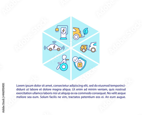 Electric vehicle advantages concept line icons with text. Disabled opportunity. PPT page vector template with copy space. Brochure, magazine, newsletter design element. 6 linear illustrations on white