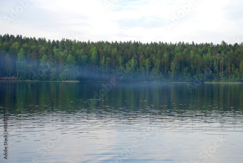 Smoke over the calm surface of the water. A forest lake on the opposite shore is a green forest, above the water surface, gray smoke from a fire stretches in layers.