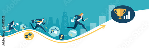 The winner. Workers run along the yellow line leading to the goal. Business vector concept illustration
