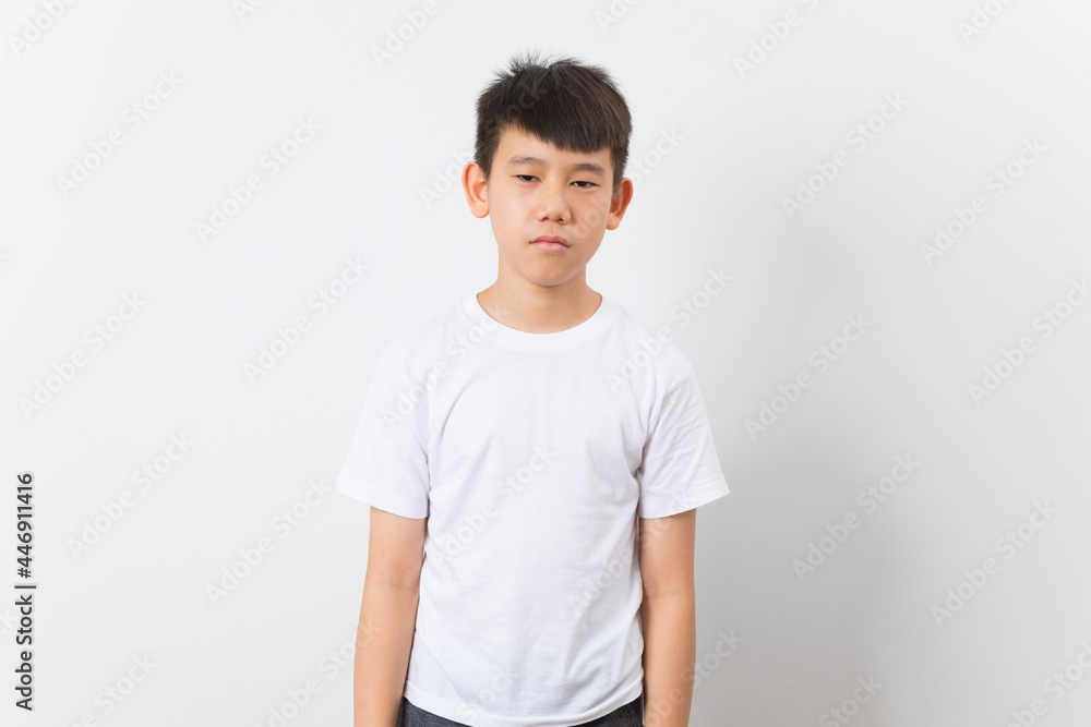 Asian kid in white T-shirt smile on white background. Asian kid in white T-shirt smile on white background.