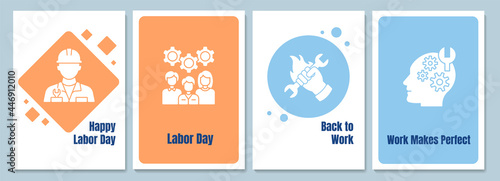 Paying tribute to workers greeting cards with glyph icon element set. Creative simple postcard vector design. Decorative invitation with minimal illustration. Creative banner with celebratory text