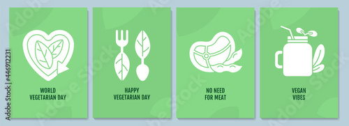 Vegetarian movement greeting cards with glyph icon element set. Creative simple postcard vector design. Decorative invitation with minimal illustration. Creative banner with celebratory text
