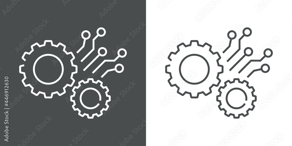 Tecnología electrónica. Logotipo con 2 engranajes con circuito digital con lineas en fondo gris y fondo blanco