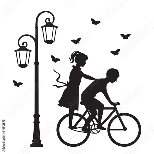 Brother and sister cycling through park lights and flocks of butterflies, Vector illustration,