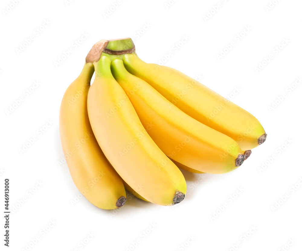 Cluster of ripe baby bananas on white background