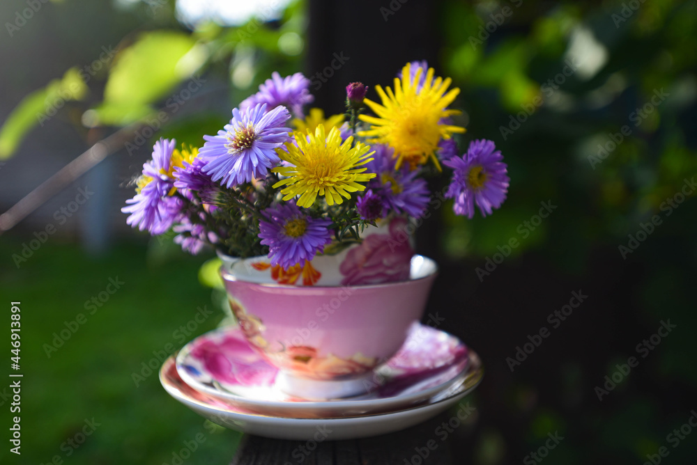 a bouquet of yellow (dandelions) and lilac (bush asters) flowers in a tea cup is on a wooden surface in the garden, the sun shines on the flowers a bouquet of yellow (dandelions) and lilac (bush asters) flowers in a tea cup is on a wooden surface in the garden, the sun shines on the flowers