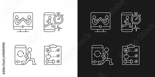 Online fitness wellness programs linear icons set for dark and light mode. High intensity, intervals workout. Customizable thin line symbols. Isolated vector outline illustrations. Editable stroke
