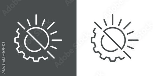 Energía solar. Logotipo con engranaje y sol con lineas en fondo gris y fondo blanco