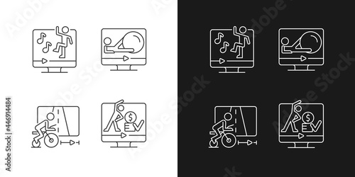 Online fitness athletic trainings linear icons set for dark and light mode. Virtual dance and cycling workouts. Customizable thin line symbols. Isolated vector outline illustrations. Editable stroke