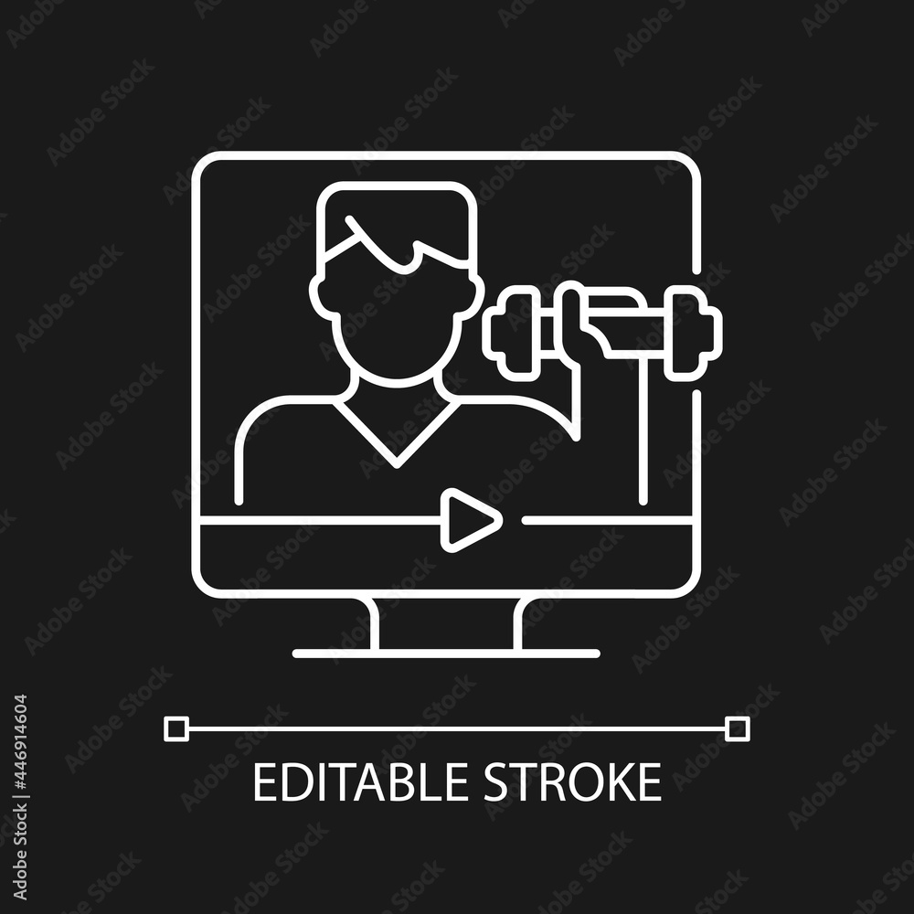 Online fitness coach white linear icon for dark theme. Professional virtual support. Thin line customizable illustration. Isolated vector contour symbol for night mode. Editable stroke Online fitness coach white linear icon for dark theme. Professional virtual support. Thin line customizable illustration. Isolated vector contour symbol for night mode. Editable stroke
