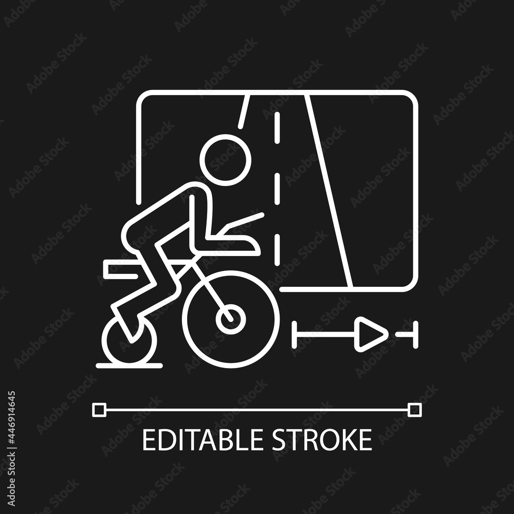 Virtual cycling white linear icon for dark theme. Online fitness rally sport. Racing competition. Thin line customizable illustration. Isolated vector contour symbol for night mode. Editable stroke Virtual cycling white linear icon for dark theme. Online fitness rally sport. Racing competition. Thin line customizable illustration. Isolated vector contour symbol for night mode. Editable stroke