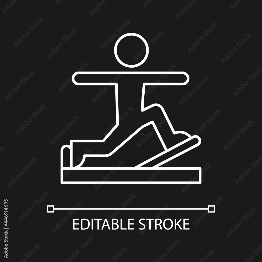 Pilates white linear icon for dark theme. Online fitness improvement. Physical and cultural workout. Thin line customizable illustration. Isolated vector contour symbol for night mode. Editable stroke Pilates white linear icon for dark theme. Online fitness improvement. Physical and cultural workout. Thin line customizable illustration. Isolated vector contour symbol for night mode. Editable stroke